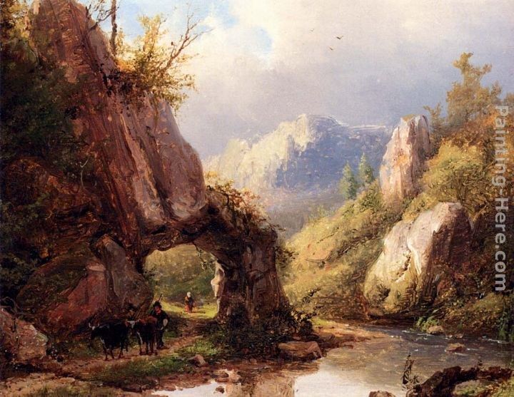 Johann Bernard Klombeck A Mountain Valley With A Peasant And Cattle Passing Along A Stream